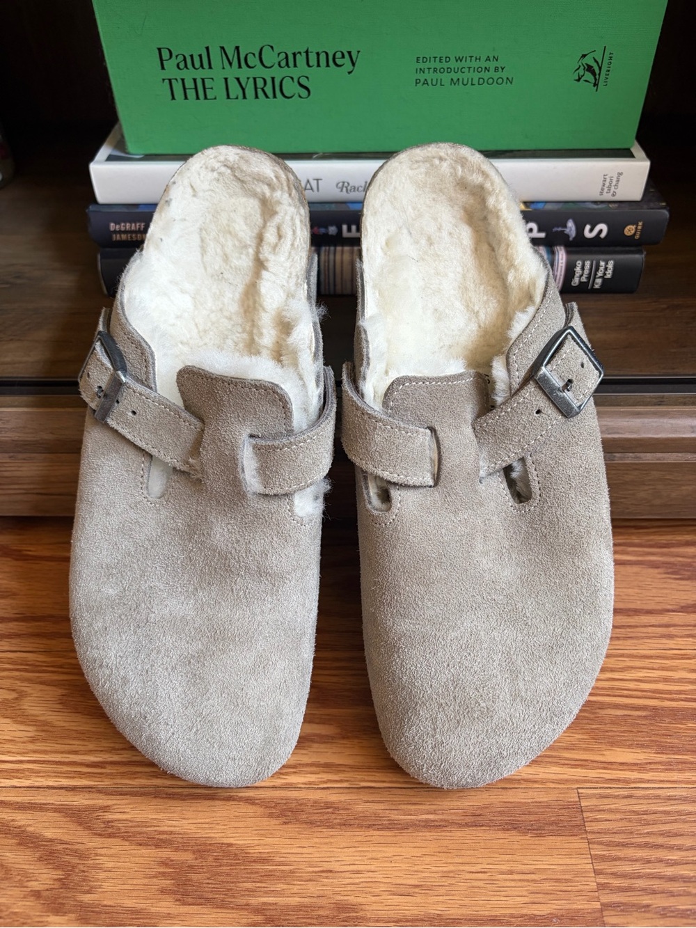 Birkenstock Taupe Suede Shearling Clog with Buckle